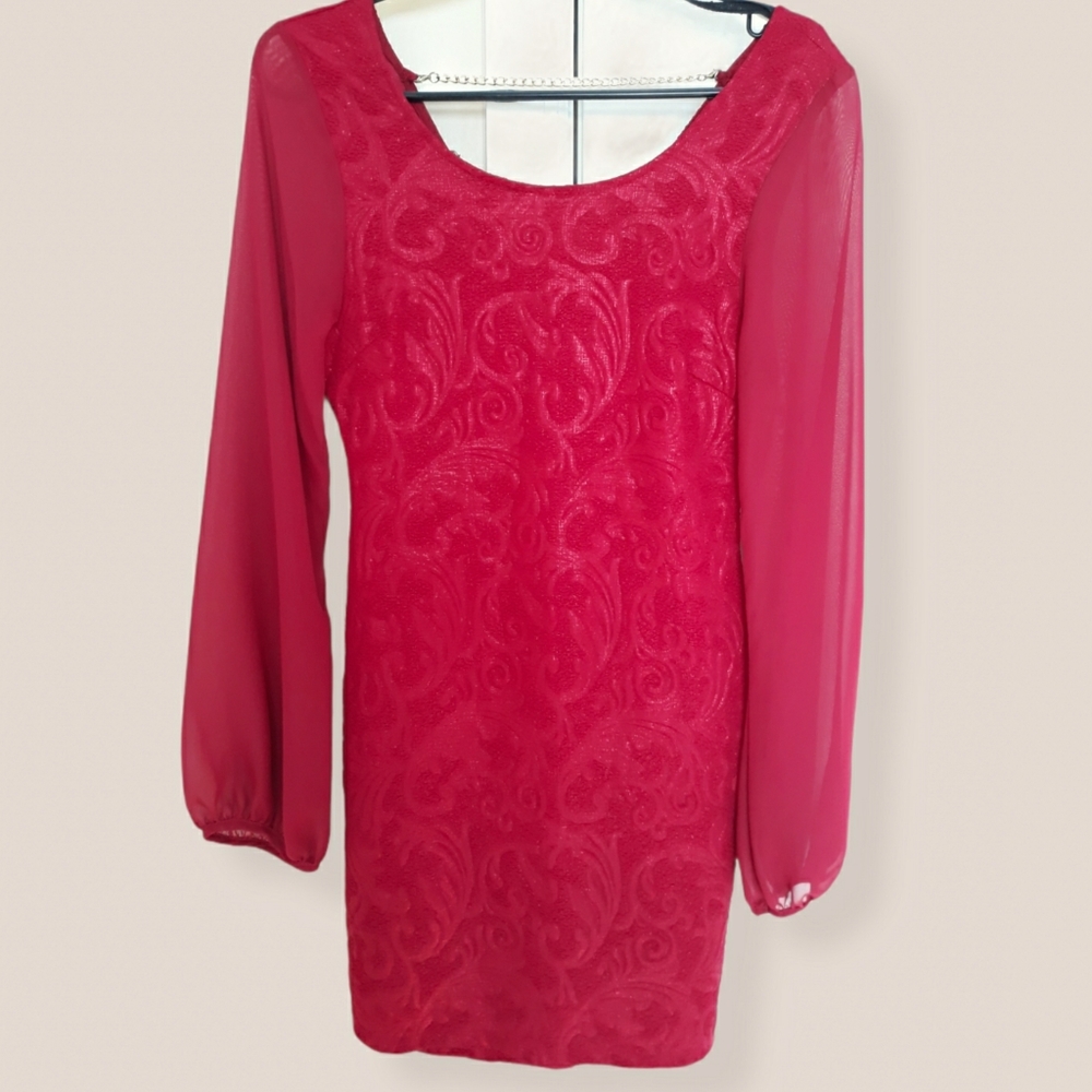 Long sheer sleeves shimmery short burgundy dress